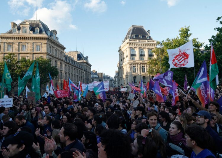 Protesters gather during a demonstration at the Place de la Republique against the victory of French far-right party Rassemblement National (RN) in the European elections, taking a position of strength in the early legislative elections called by French President after the election results, in Paris, on June 10, 2024. - Analysts say the French leader has taken the extremely risky gamble of dissolving the national parliament in a bid to keep the far-right Rassemblement National (RN) party out of power when his second term ends in 2027, after the far right crushed his centrist alliance in the June 9, 2024 EU ballot. The announcement sparked widespread alarm across France, even from within the ranks of his own party. (Photo by Geoffroy VAN DER HASSELT / AFP)