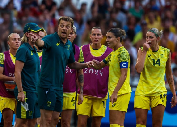 Australia's Swedish coach Tony Gustavsson appeals for a review after his team conceded a goal during the women's Group B football match between Australia and the USA at the Paris 2024 Olympic Games at the Marseille Stadium in Marseille on July 31, 2024. (Photo by Pascal GUYOT / AFP)